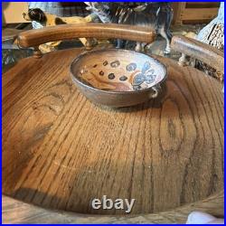 Old antique 4 Inch hand painted Pottery redware terracotta bowl with 2 handles