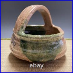 Oribe Ware A784 Japanese Pottery confectionery dish With handle Bowl Vintage