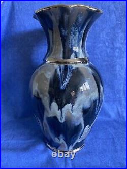 Original Prison Inmate Art Large Vase Blue Silver 2009 Inmate Signed CA Pottery