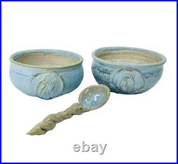 Pair VTG Studio Art Pottery Bowls Blue with Owl Handmade Signed Two withSpoon 5