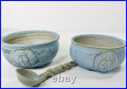 Pair VTG Studio Art Pottery Bowls Blue with Owl Handmade Signed Two withSpoon 5