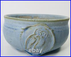 Pair VTG Studio Art Pottery Bowls Blue with Owl Handmade Signed Two withSpoon 5