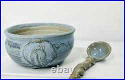 Pair VTG Studio Art Pottery Bowls Blue with Owl Handmade Signed Two withSpoon 5