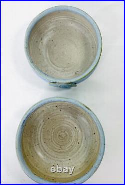 Pair VTG Studio Art Pottery Bowls Blue with Owl Handmade Signed Two withSpoon 5
