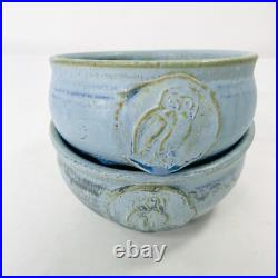 Pair VTG Studio Art Pottery Bowls Blue with Owl Handmade Signed Two withSpoon 5