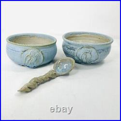 Pair VTG Studio Art Pottery Bowls Blue with Owl Handmade Signed Two withSpoon 5