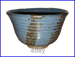 Peter Leach Vtg Studio Stoneware Colander Strainer W Blue Glaze & Design, Marked