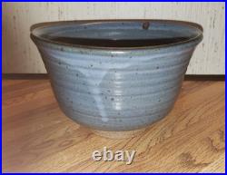Peter Leach Vtg Studio Stoneware Colander Strainer W Blue Glaze & Design, Marked