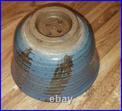 Peter Leach Vtg Studio Stoneware Colander Strainer W Blue Glaze & Design, Marked