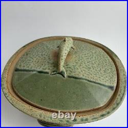 Pillers Clay Studio Art Pottery Dolphin Covered Bowl Dish Virginia USA Vtg Green