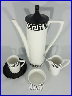 Portmeirion Pottery black and white Greek Key coffee set service for six vintage