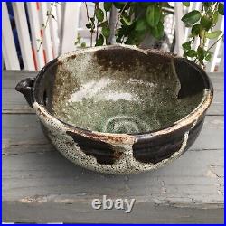 Pottery Bowl with Spout Studio Handmade Art Brown/Green Signed Batter/Soup Dish