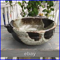 Pottery Bowl with Spout Studio Handmade Art Brown/Green Signed Batter/Soup Dish