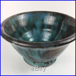 RARE Glen Lukens Mid Century Blue w Gold Crackle Ceramic Pottery Bowl Signed VTG