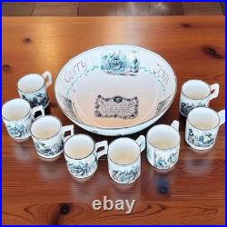 RARE VTG Gray's Pottery Tom and Jerry England Punch Bowl 8 Cups Holiday
