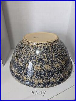 RARE VTG RRP Roseville Ohio Pottery Blue Spongeware 15.5W Diam Mixing Bowl 7H
