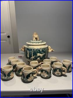 RARE Wick Werke German Hunting Stoneware Tureen Punch Bowl Mid Century, 11 Mugs