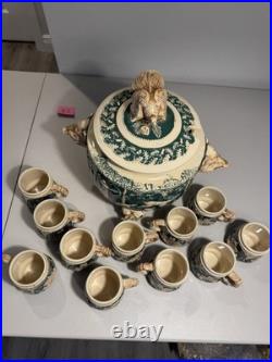 RARE Wick Werke German Hunting Stoneware Tureen Punch Bowl Mid Century, 11 Mugs