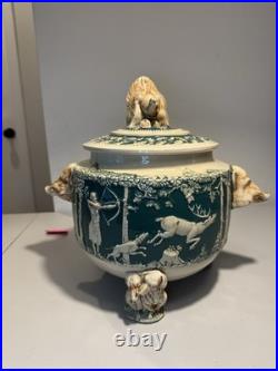 RARE Wick Werke German Hunting Stoneware Tureen Punch Bowl Mid Century, 11 Mugs