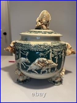 RARE Wick Werke German Hunting Stoneware Tureen Punch Bowl Mid Century, 11 Mugs