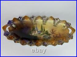 RS Prussia Reinhold Schlegelmilch Scenic Porcelain Bowl Gilt Handles c1900