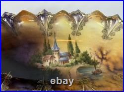 RS Prussia Reinhold Schlegelmilch Scenic Porcelain Bowl Gilt Handles c1900