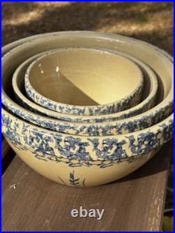 Ransbottom Roseville Pottery Wheat Blue Spongeware Nesting Mixing Bowls Set / 4