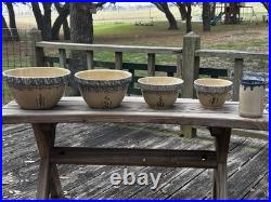 Ransbottom Roseville Pottery Wheat Blue Spongeware Nesting Mixing Bowls Set / 4