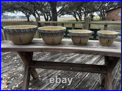 Ransbottom Roseville Pottery Wheat Blue Spongeware Nesting Mixing Bowls Set / 4