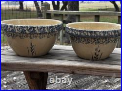 Ransbottom Roseville Pottery Wheat Blue Spongeware Nesting Mixing Bowls Set / 4