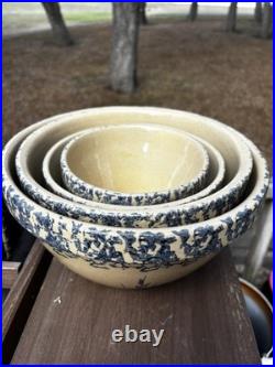 Ransbottom Roseville Pottery Wheat Blue Spongeware Nesting Mixing Bowls Set / 4