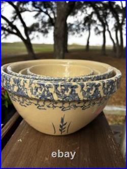 Ransbottom Roseville Pottery Wheat Blue Spongeware Nesting Mixing Bowls Set / 4