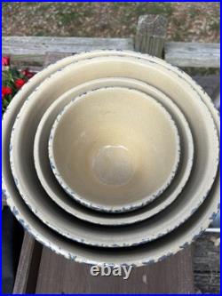 Ransbottom Roseville Pottery Wheat Blue Spongeware Nesting Mixing Bowls Set / 4
