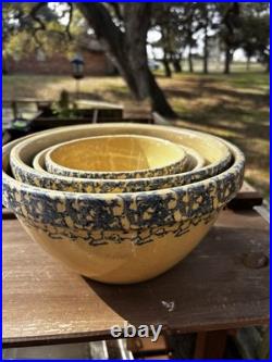 Ransbottom Roseville Pottery Wheat Blue Spongeware Nesting Mixing Bowls Set / 4