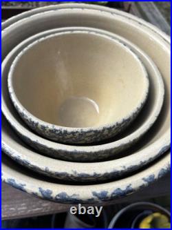 Ransbottom Roseville Pottery Wheat Blue Spongeware Nesting Mixing Bowls Set / 4