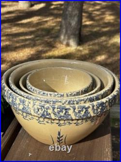 Ransbottom Roseville Pottery Wheat Blue Spongeware Nesting Mixing Bowls Set / 4