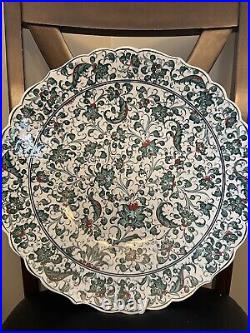 Rare Large 17.5 Handmade Signed Turkish Iznik green Floral Pattern Ceramic Bowl