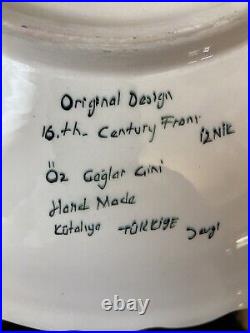 Rare Large 17.5 Handmade Signed Turkish Iznik green Floral Pattern Ceramic Bowl