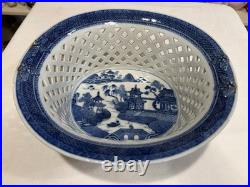 Rare Reticulated Canton Blue and White Chestnut Bowl Antique Transferware