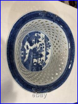 Rare Reticulated Canton Blue and White Chestnut Bowl Antique Transferware