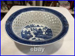Rare Reticulated Canton Blue and White Chestnut Bowl Antique Transferware