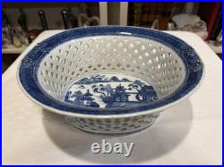 Rare Reticulated Canton Blue and White Chestnut Bowl Antique Transferware