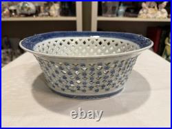 Rare Reticulated Canton Blue and White Chestnut Bowl Antique Transferware