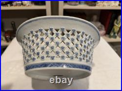 Rare Reticulated Canton Blue and White Chestnut Bowl Antique Transferware