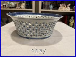 Rare Reticulated Canton Blue and White Chestnut Bowl Antique Transferware