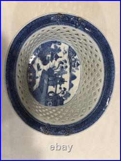 Rare Reticulated Canton Blue and White Chestnut Bowl Antique Transferware