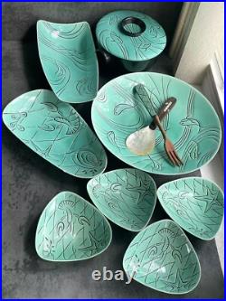 Rare VTG Roselane Turquoise Glaze Pottery Dolphin Aqua Marine Salad Set USA Made