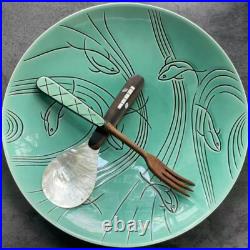 Rare VTG Roselane Turquoise Glaze Pottery Dolphin Aqua Marine Salad Set USA Made
