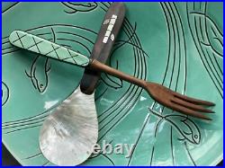 Rare VTG Roselane Turquoise Glaze Pottery Dolphin Aqua Marine Salad Set USA Made