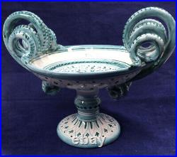 Rare Vintage DERUTA Ceramic Pedestal Bowl Hand Painted Curly Snaked Handles